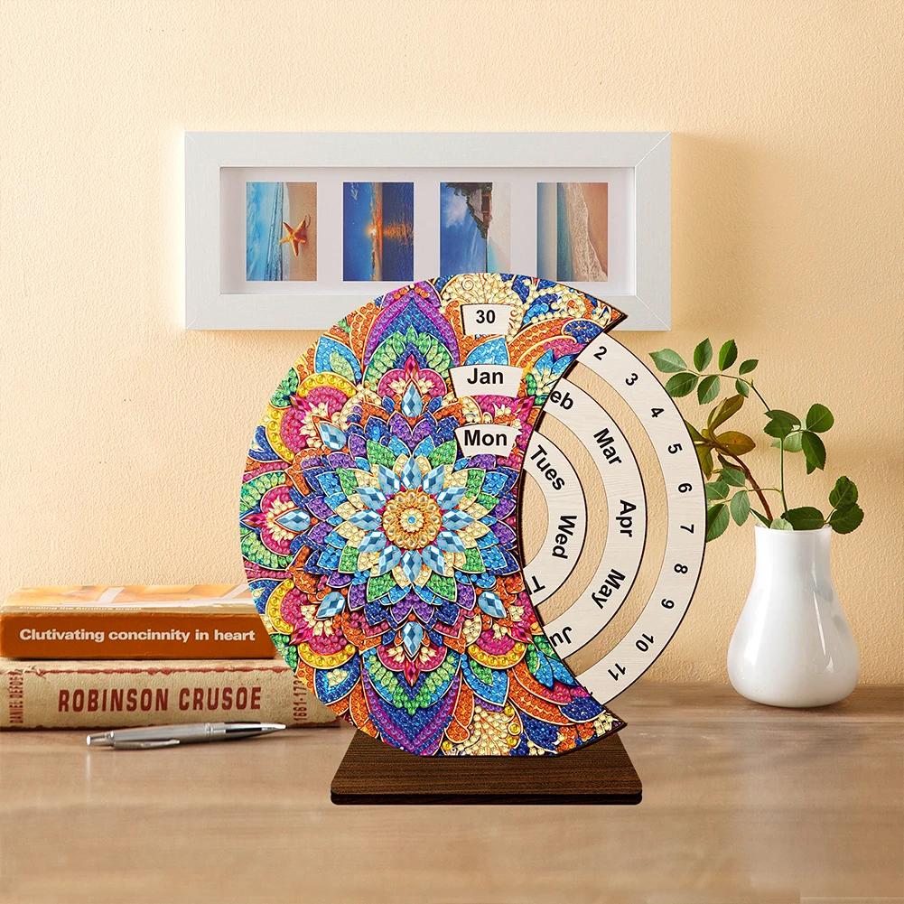 Wooden Special Shaped Colorful Pattern Diamond Art Desktop Perpetual Calendar Diamond Painting Dial Moon Calendar for Beginners