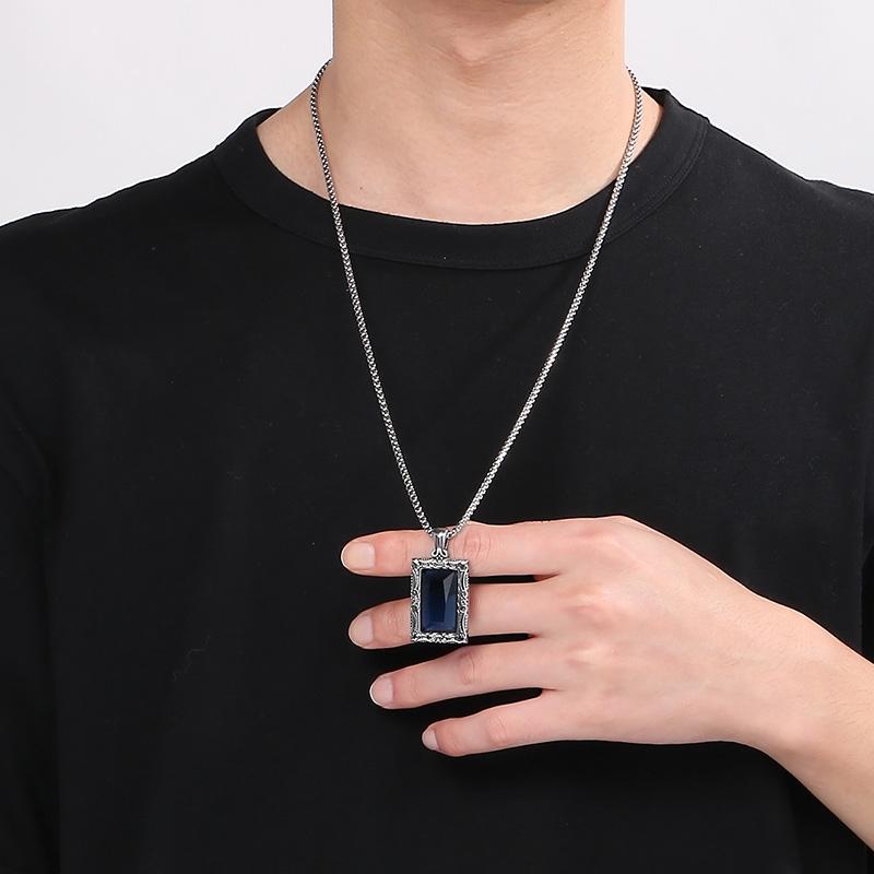Hip Hop Personalized Black Gemstone Rectangle Pendant Necklace for Men Vintage Stainless Steel Charm Pendant Gift Trendy Jewelry