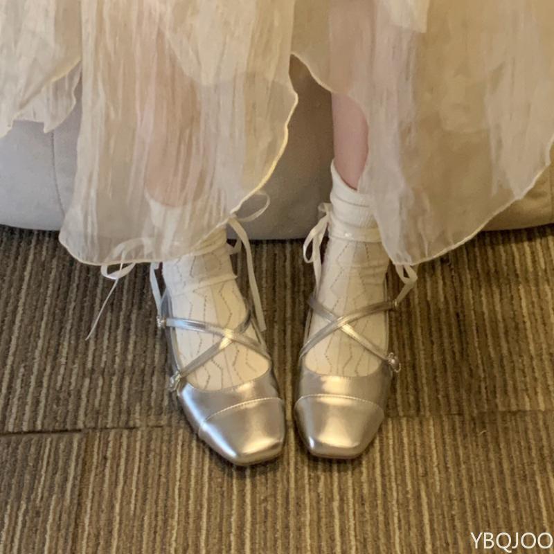 Madingi sidabriniai baleto odiniai batai moterims, prancūziški Mary Jane aukštakulniai, madingi žemo kulno kvadratinės nosies batai, kryžiuotas dirželis, nauji moteriški aukštakulniai