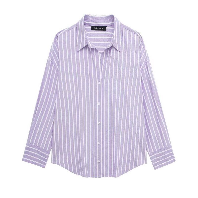 

Women s Spring Clothing Dignified Sense of Design Stripes Oxford Shirt Purple Blue L