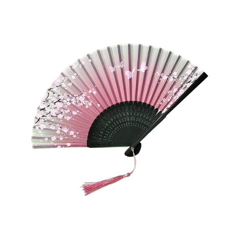 Éventail traditionnel chinois vintage avec pompons Éventail pliant portable Éventail de danse pour femmes Mariages Bals de fin d'études Photographie