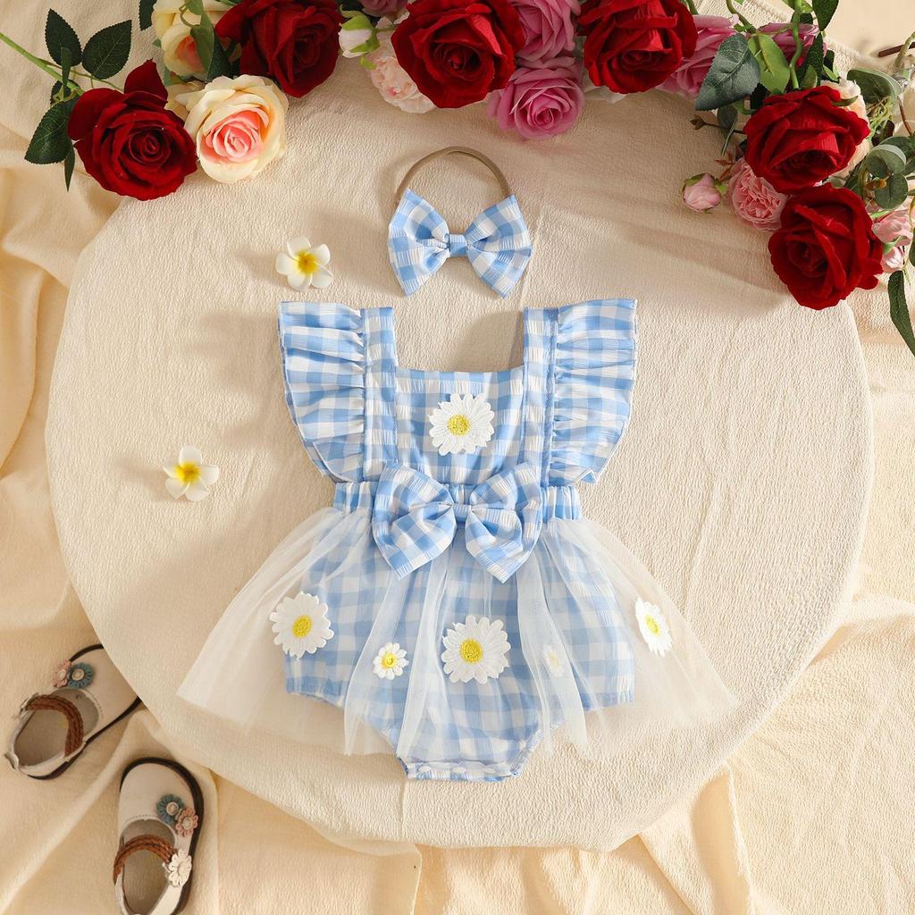 Sweet Baby Girl Fruit Flower Mesh Patchwork Dress with Lace Trim, Bowknot, Harem Skirt, and Hair Tie.