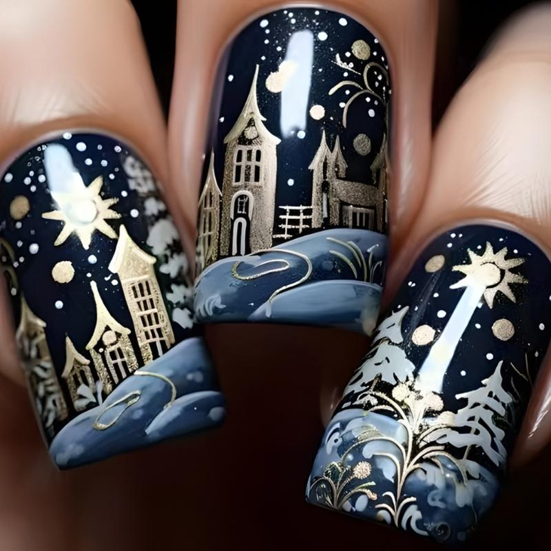 

Christmas Press On Nails with Winter Snowflake Designs Glossy Acrylic Full Cover False Nail Art Set for Women 24Pcs 1