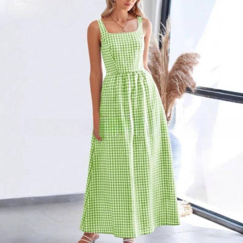 VEZFAA Abiti casual a vita alta con colletto quadrato senza maniche con stampa scozzese primaverile alla moda da donna