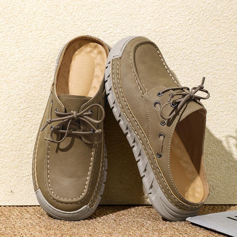 Men's Summer New Large Size Slip-On Driving Shoes Outdoor Genuine Leather Breathable Rubber Sole Square Toe Bean Bean Shoes