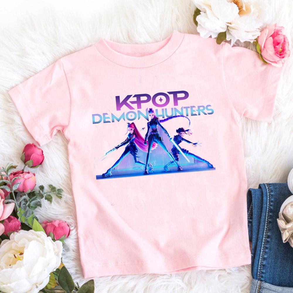 Summer Pure Cotton KPop Demon Hunters TShirt Kids Cartoon Anime Meme Print Clothes Round Neck Basic Boys Tops Casual Shirts