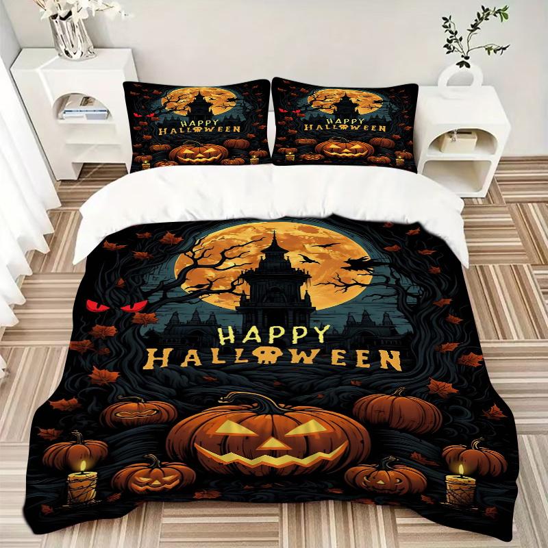 3pcs Horror Theme Happy Halloween Bedding Set - Includes Quilt Cover and Pillowcases, Suitable for All Seasons, Machine Washable - Ideal Gif