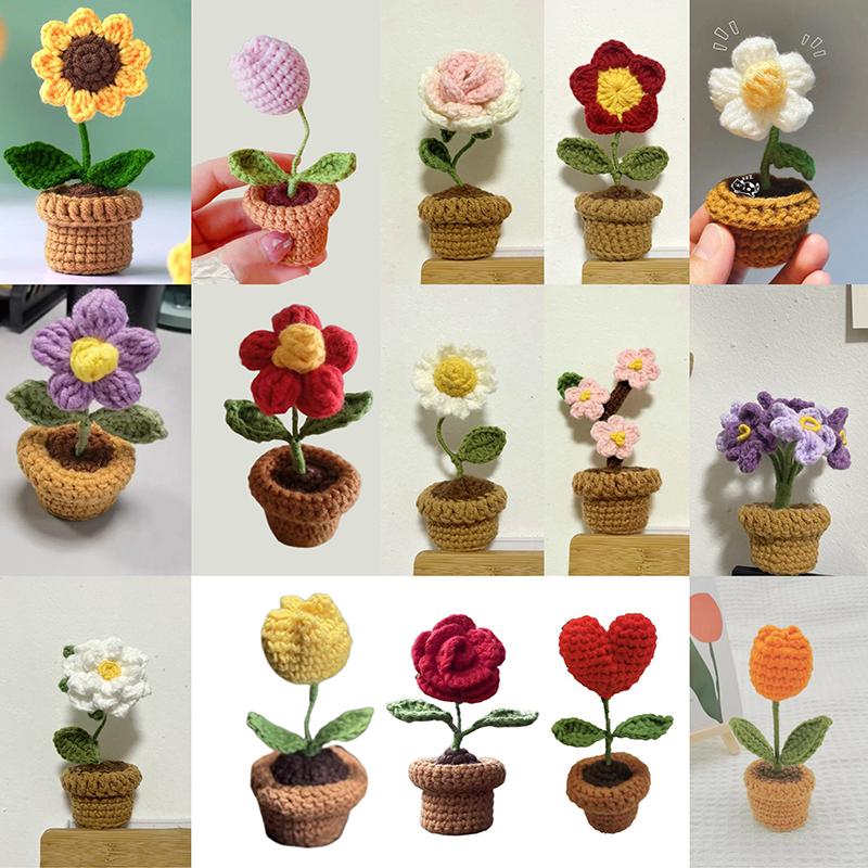 1PC Desktop Dekorative Hand-woven Stricken Blume Rose Tulpen Bouquet Topf Gestrickte Bouquet Geschenk