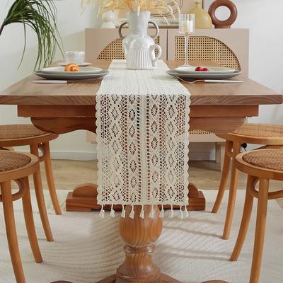 Beige Table Runner Lace Cotton Blended Fabric with Tassel For Coffee Table Decor Wedding Decoration