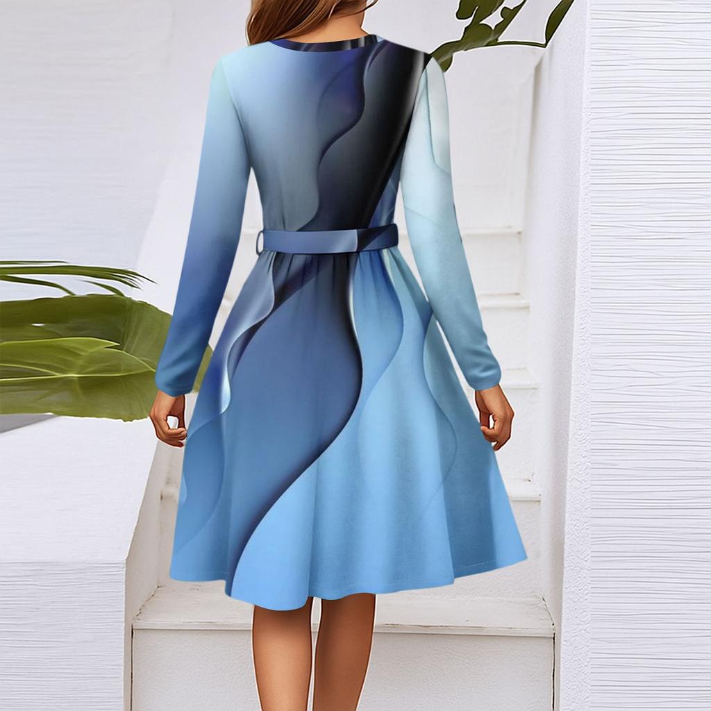 Women's Fashion Casual V-Neck Long Sleeve Waist Plaid Print Midi Dress