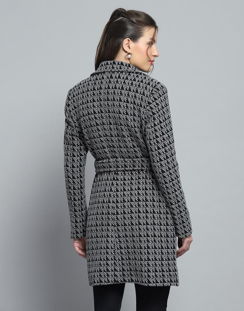 MONTE CARLO Womens Self Design Black Notch Lapel Full Sleeve Coat