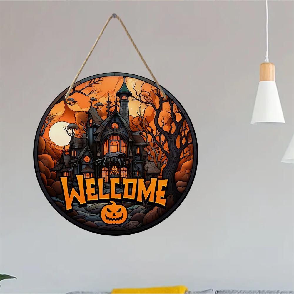 Spooky haunted house welcome sign Round Wooden Hanging Plaque home wall decor vintage pumpkin art ornament for holiday party entrance decoration