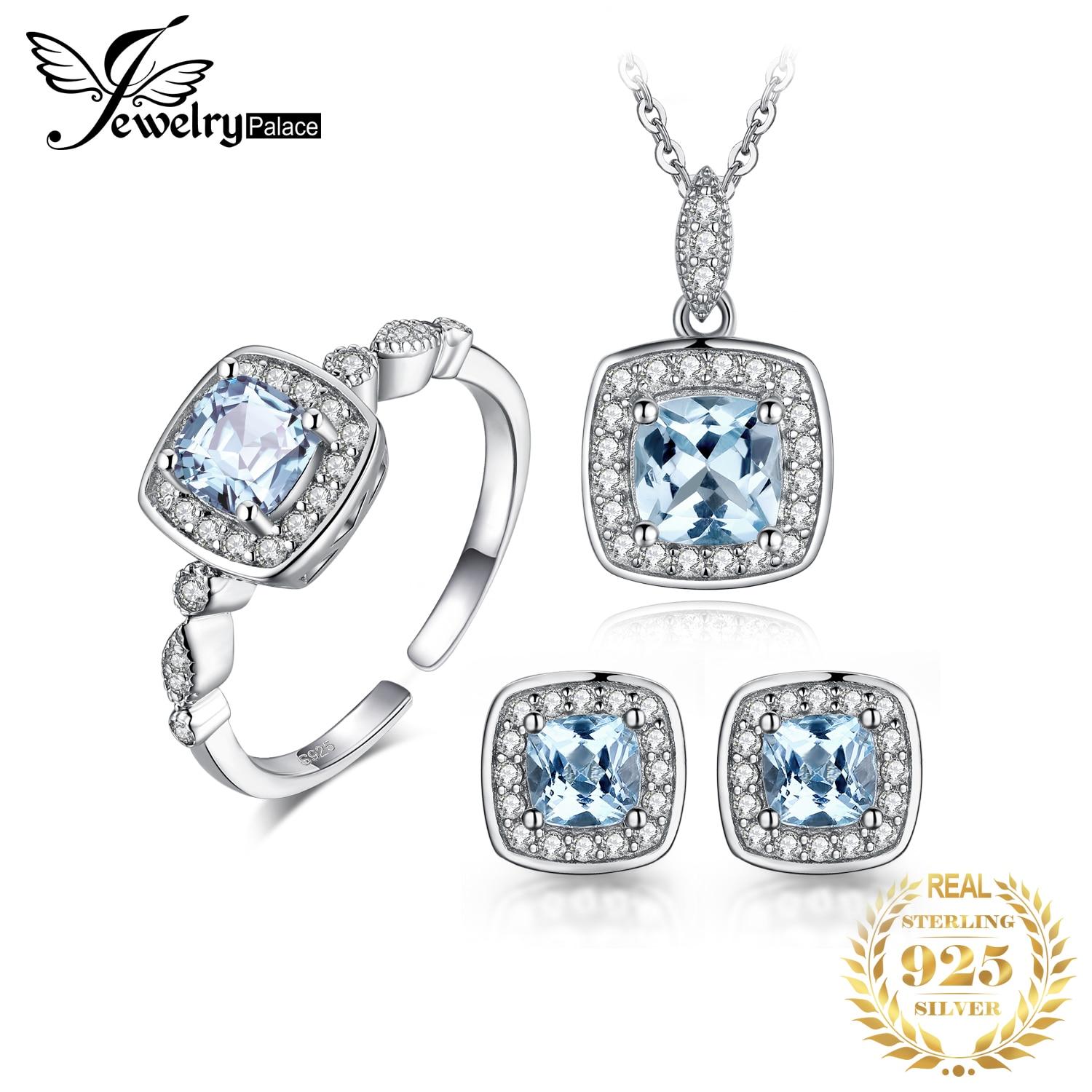 

Подлинный голубой топаз 925 пробы стерлингового серебра серьги-гвоздики кулон ожерелье открытое регулируемое кольцо комплект ювелирных изделий для женщин