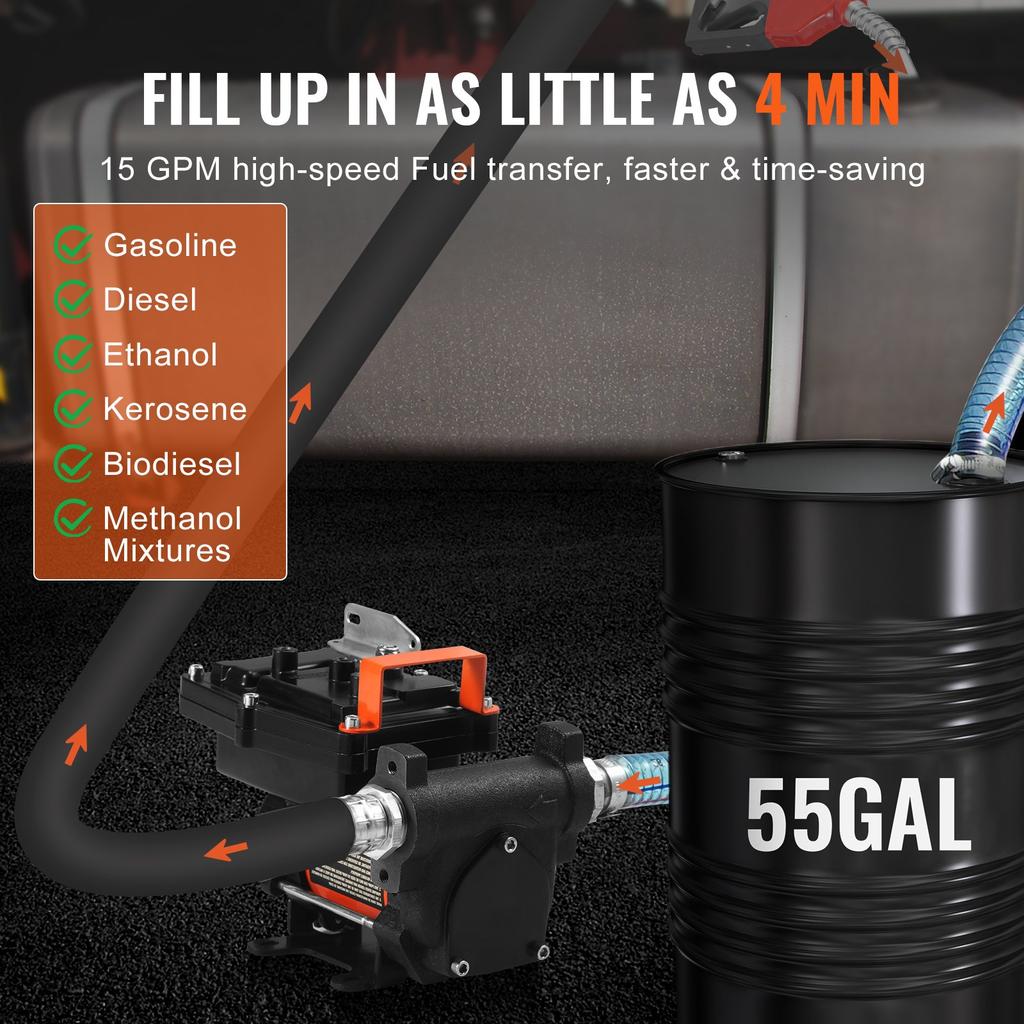 VEVOR Fuel Transfer Pump, 12V DC 57L/min(15 GPM) 186W(1/4 HP), Portable Electric Diesel Transfer Pump with Auto Shut-Off Fuel Nozzle