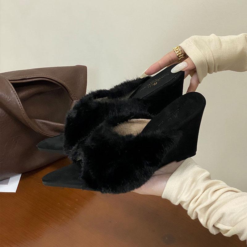 

Fashion Ladies Pumps Slides Wedges Shoes Female High Heels Footwear Pointed Toe Fashion Fur Warm Women Wedges Heeled Shoes 35 чёрный