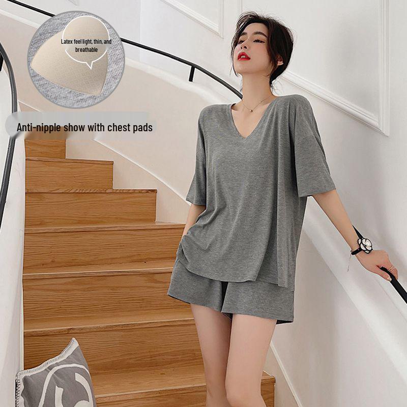 

Women s V-Neck Pajama Set with Bra Pads - Short Sleeve & Shorts, Stylish Home & Outdoor Wear, Imitation Cotton, Cute Lapel Design. M-L