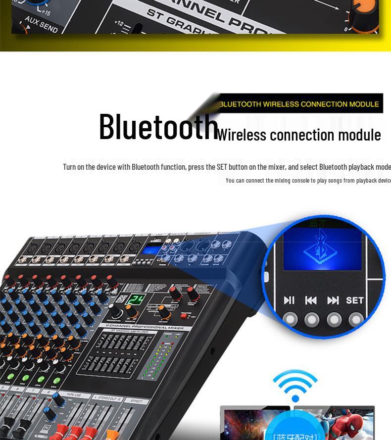 Professional Multi-Channel Mixer with Bluetooth 5.0, DSP Effects, USB, and Reverb for Stage and Wedding Performances