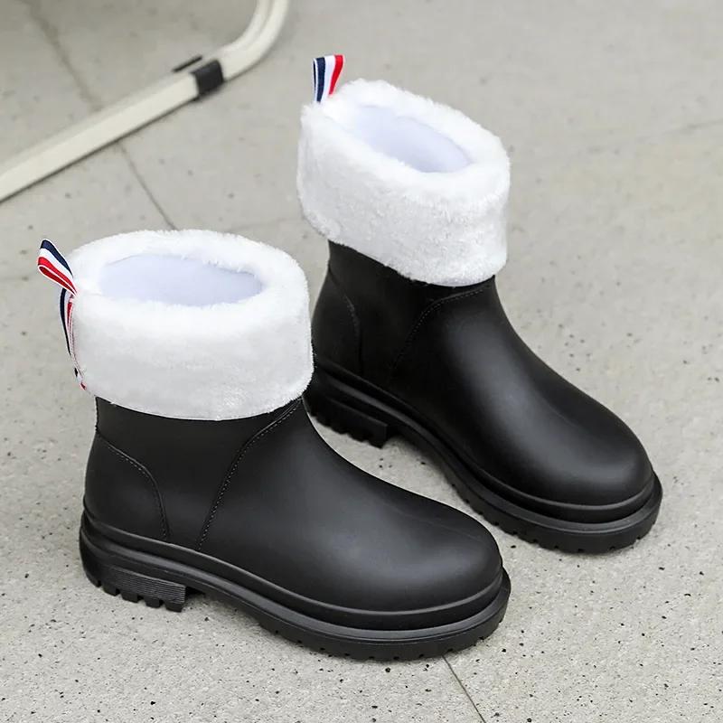 Fashion 2024 New Windproof Rain Boots Women Leather Mid-calf Rainboots Fashion Elastic Band Rain Shoe Ladies Cotton Waterproof Work Boot