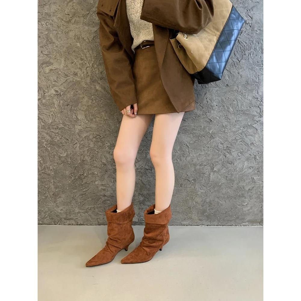Damen-Ankle Boots Vintage Spitz zulaufend Dünne Niedrige Absätze Schuhe Herbst Winter Kurze Stiefel