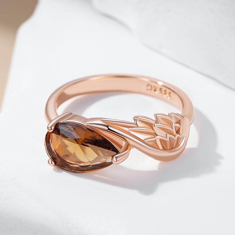 Anillo de Ala Brillante Marrón Zircón Natural para Mujer Color Oro Rosa Accesorios de Novia Joyería Diaria de Alta Calidad