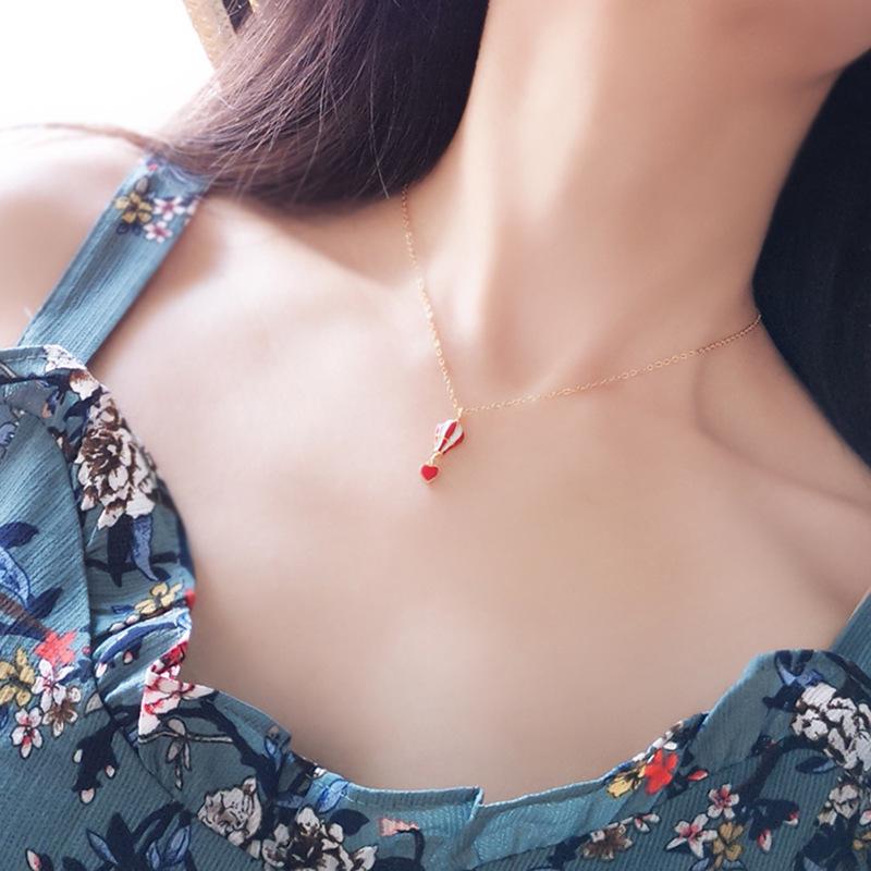 S925 Sterling Silver Gold Plated Red Heart Clavicle Chain Hot Air Balloon Necklace - Japanese & Korean Design for Women
