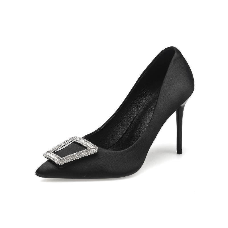 Neue spitze sexy Strass Einzelne Schuhe eckige Schnalle dünne Absätze Nachtclub Dinner Schwarz Licht Mund High Heels