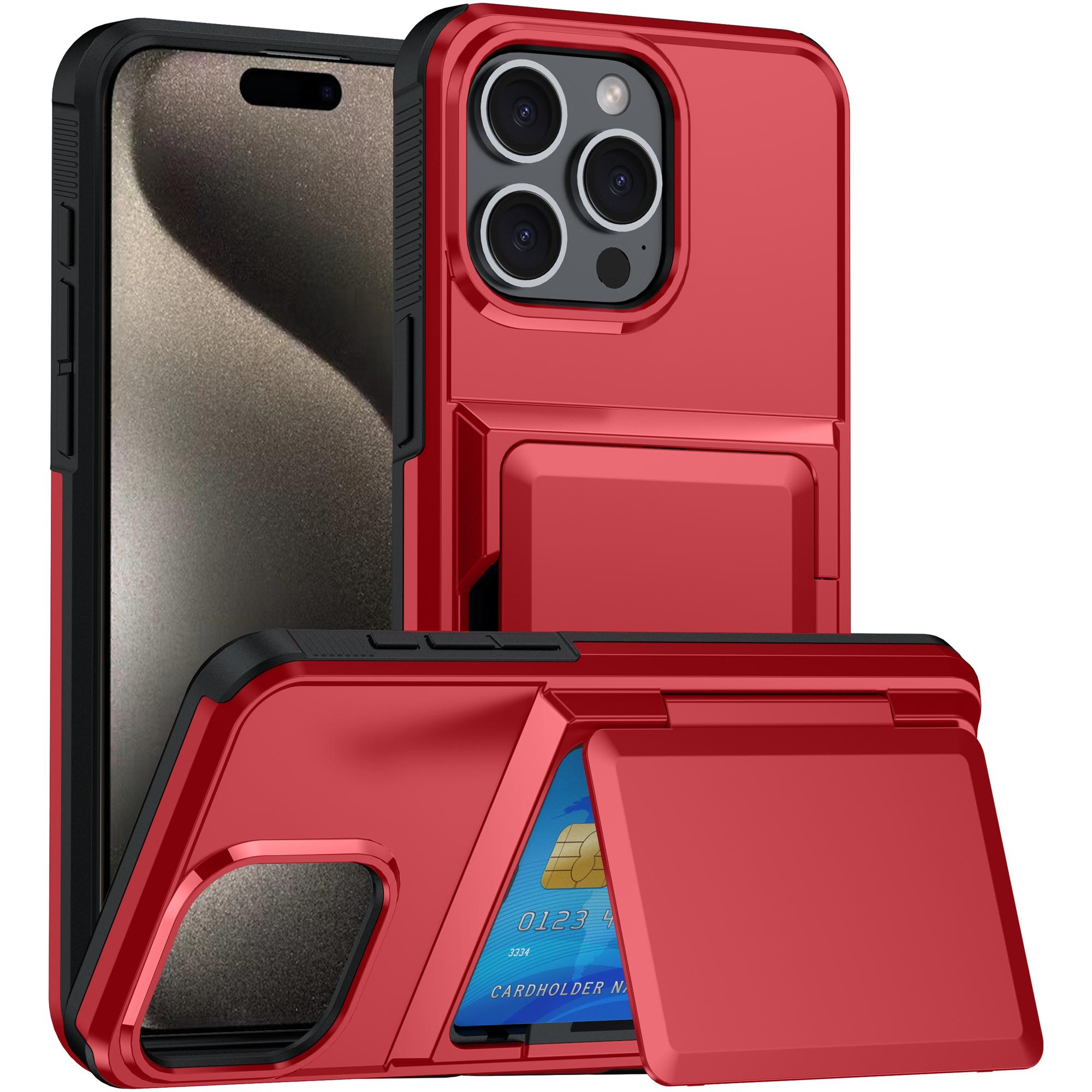 

For iPhone 15 Pro Max Cases Card Slot TPU+PC Kickstand Phone Case Red