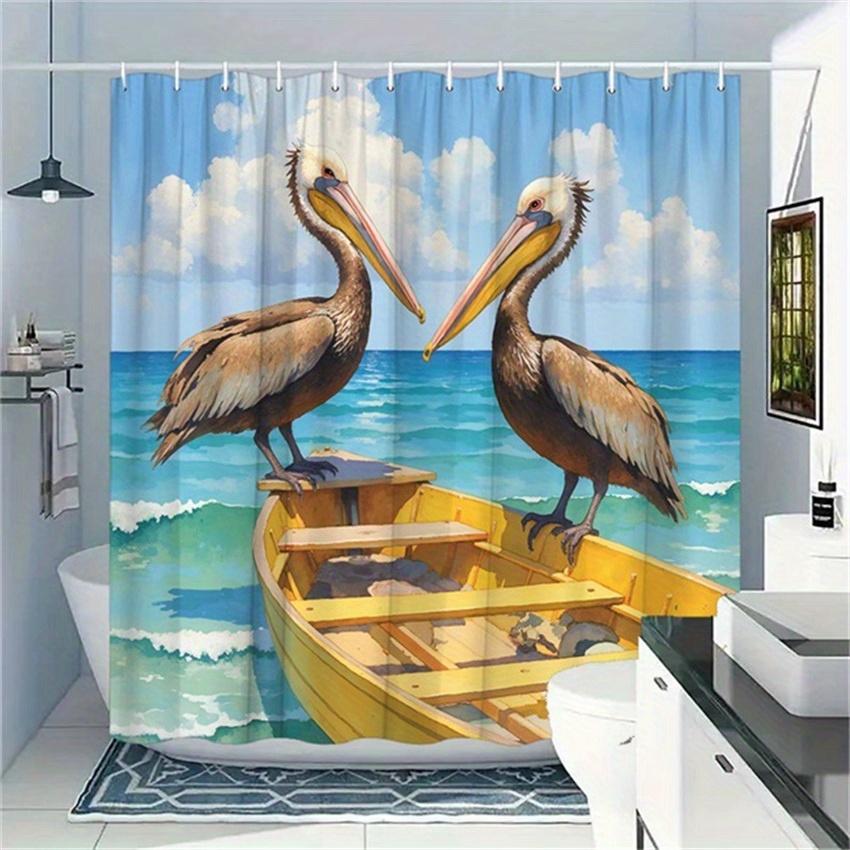 

1pc Pelican Shower Curtain - Turquoise Sea & Yellow Boat Design, Polyester, Washable with 12 Hooks, Bathroom Decor W90XH180cm
