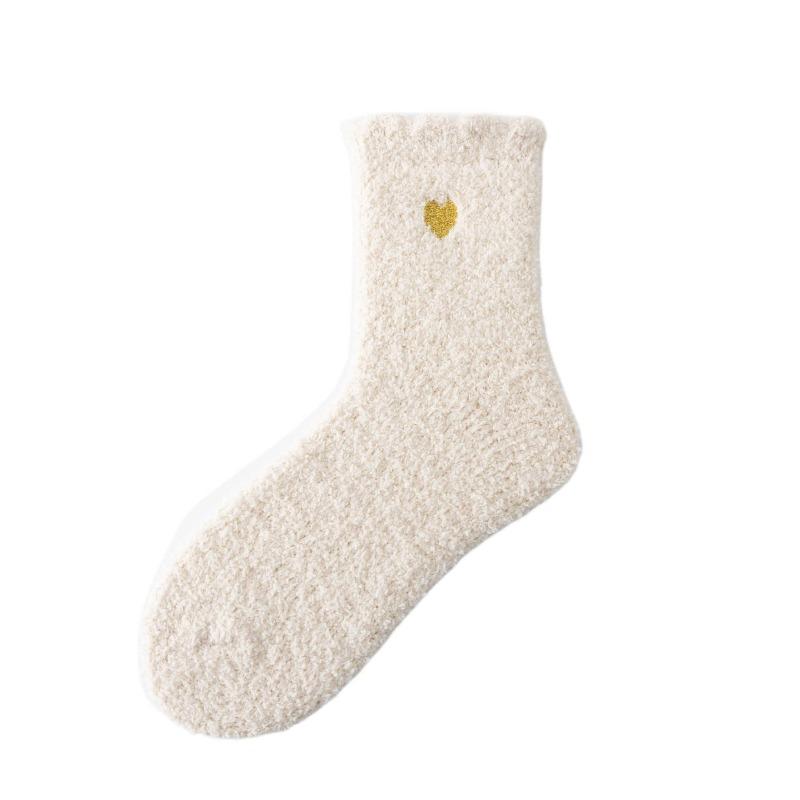 Autumn and Winter Coral Fleece Socks, Thickened Floor Socks, Embroidered Heart-shaped Home Socks, Warm and Soft Sleeping Socks