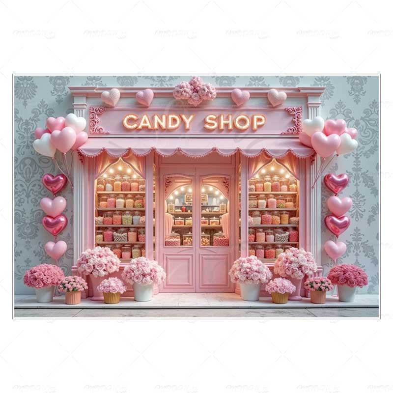 MOON.QG Valentine's Day Decoration Photo Background Candy Shop Teddy Bear Rose Soad Backdrops For Photography Studio Photozone