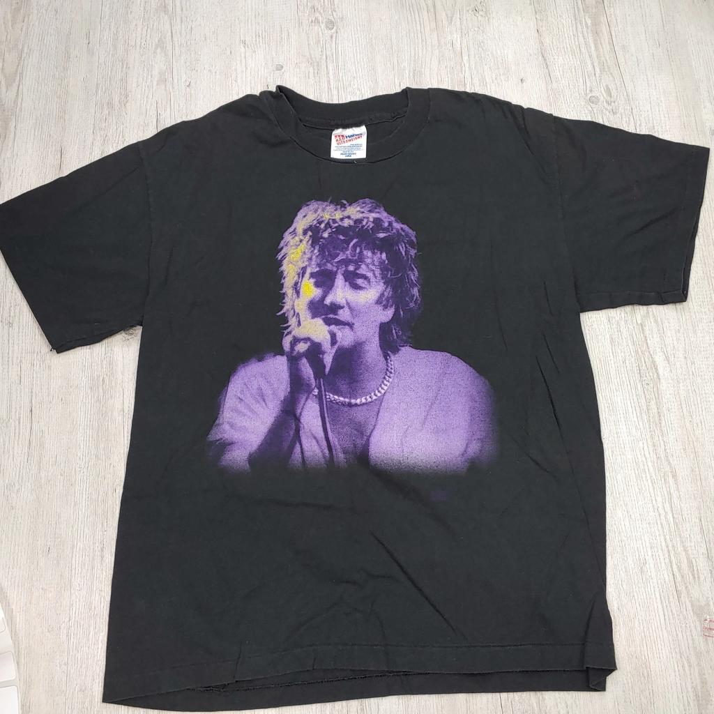 Rod Stewart 90's Unplugged Graphic 100% Cotton T-shirt Mens Tees Top Size L Unisex Black Hanes