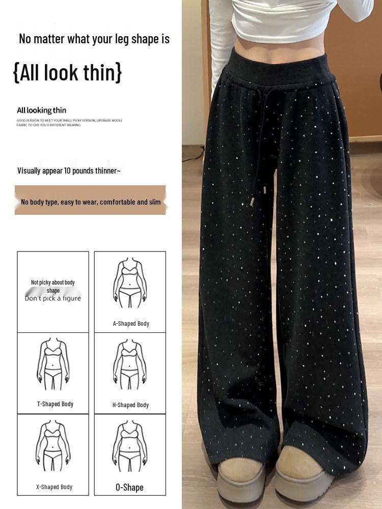 Women's High Waist Black Sequin Wide-Leg Pants - Spring 2026, Plus Velvet, Petite Drape, Straight Leg, New Arrival