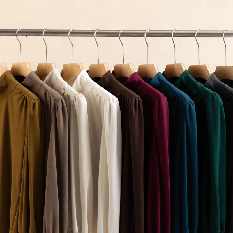 Camisa de Otoño e Invierno para Mujer con Cuello Medio Alto, Volantes en los Hombros y Bajo, Top Ajustado de Manga Larga