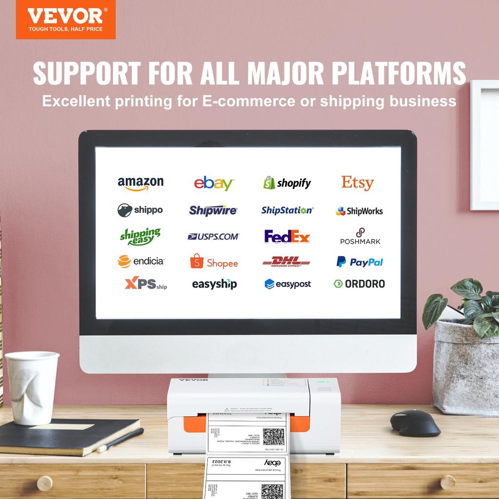 VEVOR Thermal Label Printer, 4x6 Label Printer, Thermal Label Maker with Automatic Label Recognition, Support Windows/MacOS/Linux