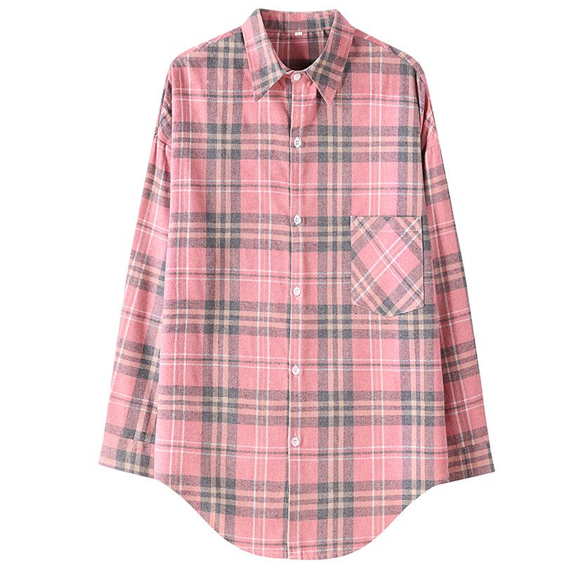 

Рубашка в клетку в стиле ретро розового и оранжевого цвета, однотонные топы, весенне-осенние рубашки с лацканами и длинными рукавами, женская хлопковая блузка с начесом, азиатский размер XL светло-розовый