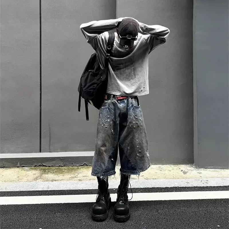 DRIPX Washed Distressed Dirty-stained Patchwork Vintage Jean Shorts High Street Hip Hop Punk Men s Denim Shorts M