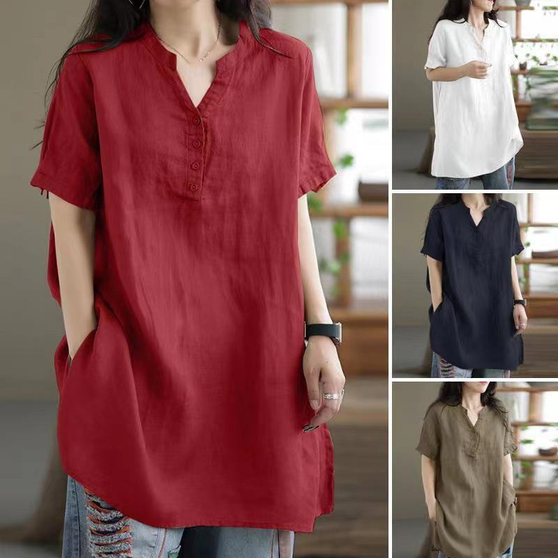 

Plus Size Loose Fit V-neck Button Short Sleeve Solid Color T-shirt 2XL