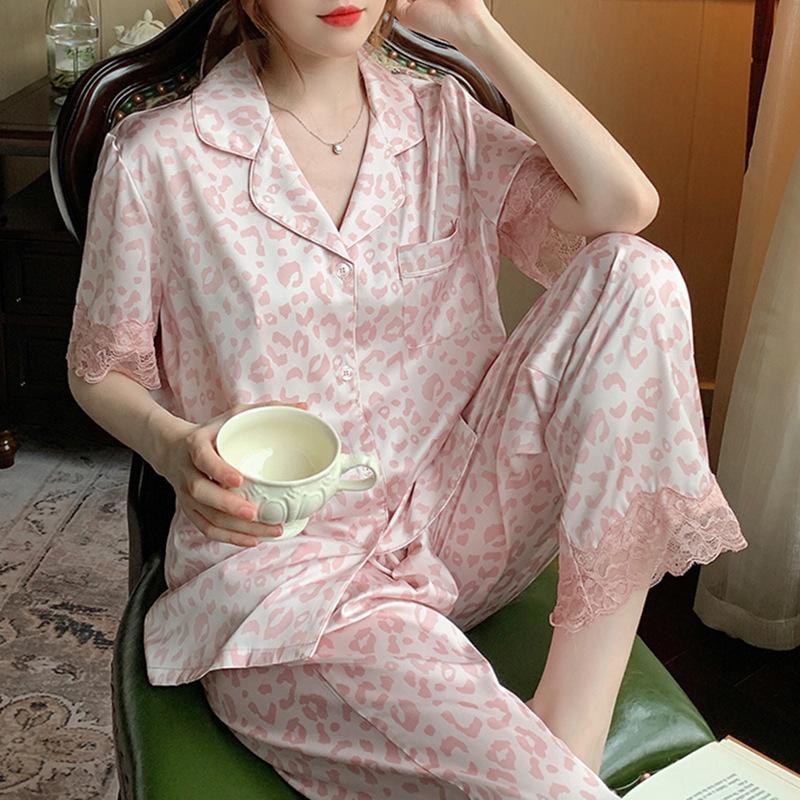 Spring And Summer Pajamas Women'S Cool Ice Silk Long-Sleeved Leopard Print High-End Lace Lace Loungewear Set