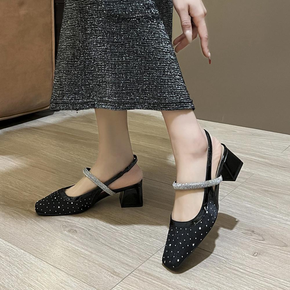 Fashion Sandals for Women's Summer Flat Toe Sandals with Thick Heel and Square Toe Mesh Diamond Studded Polka Toe Mary Jane Shoes Women
