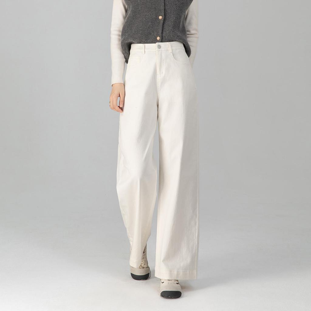 Damen Klassische High-Waist Denim Blau Weitbeinige Hose - Slim Fit, Neuer Herbststil, Figurbetonend und Schlichtes Design in Weiß.