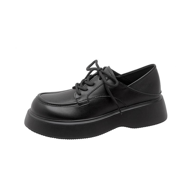 

Leather platform loafers women s 2025 new muffin lace-up jk college wind small leather shoes uniform single shoes 40 матовий чорний колір