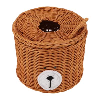 Tissue Box Cover Rattan Cute Bear Brown with Lid Easy Access Round Easy Maintenance Versatile