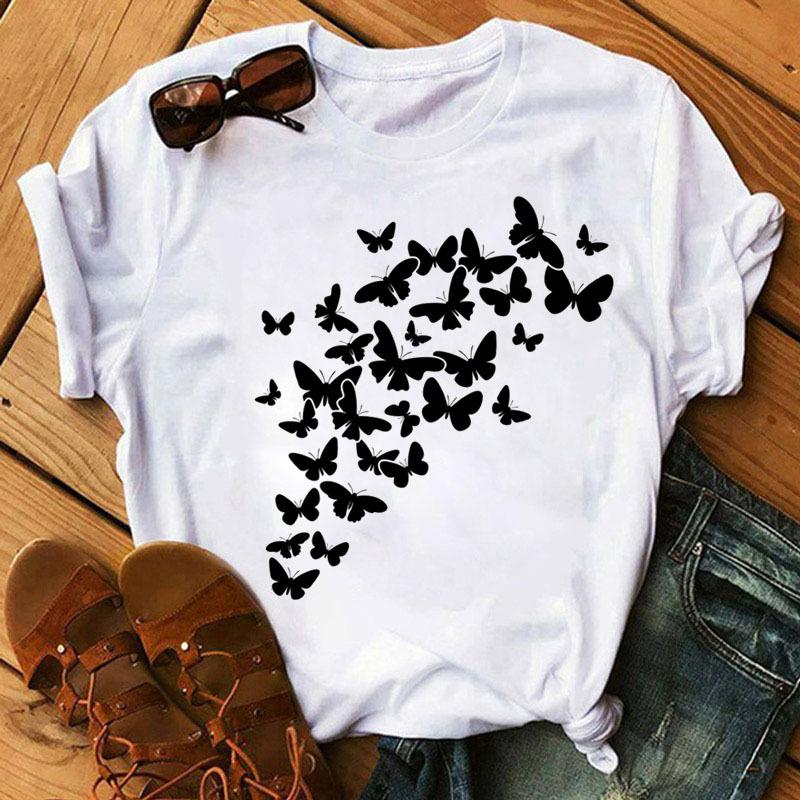 Fashionable Plus Size Color Butterfly Print Simple Base Shirt Loose Fitting Clothes Pure Cotton T-Shirts Women’s