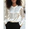Women's Satin Rhinestone Embellished Stand Collar Long Sleeve Button Down Blouse