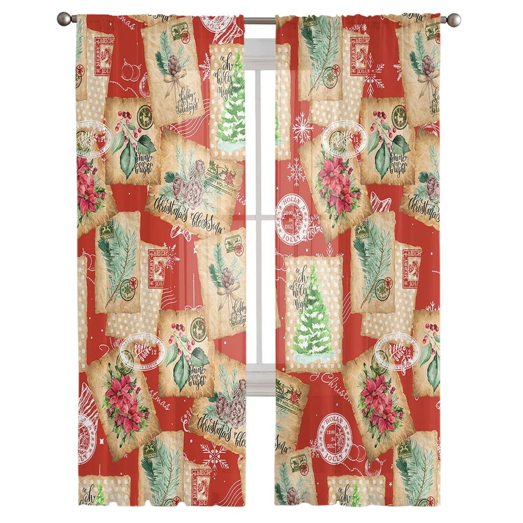 Christmas Retro Envelope Stamp Bedroom Transparent Sheer Curtains Holiday Decoration Window Voile Tulle Curtain