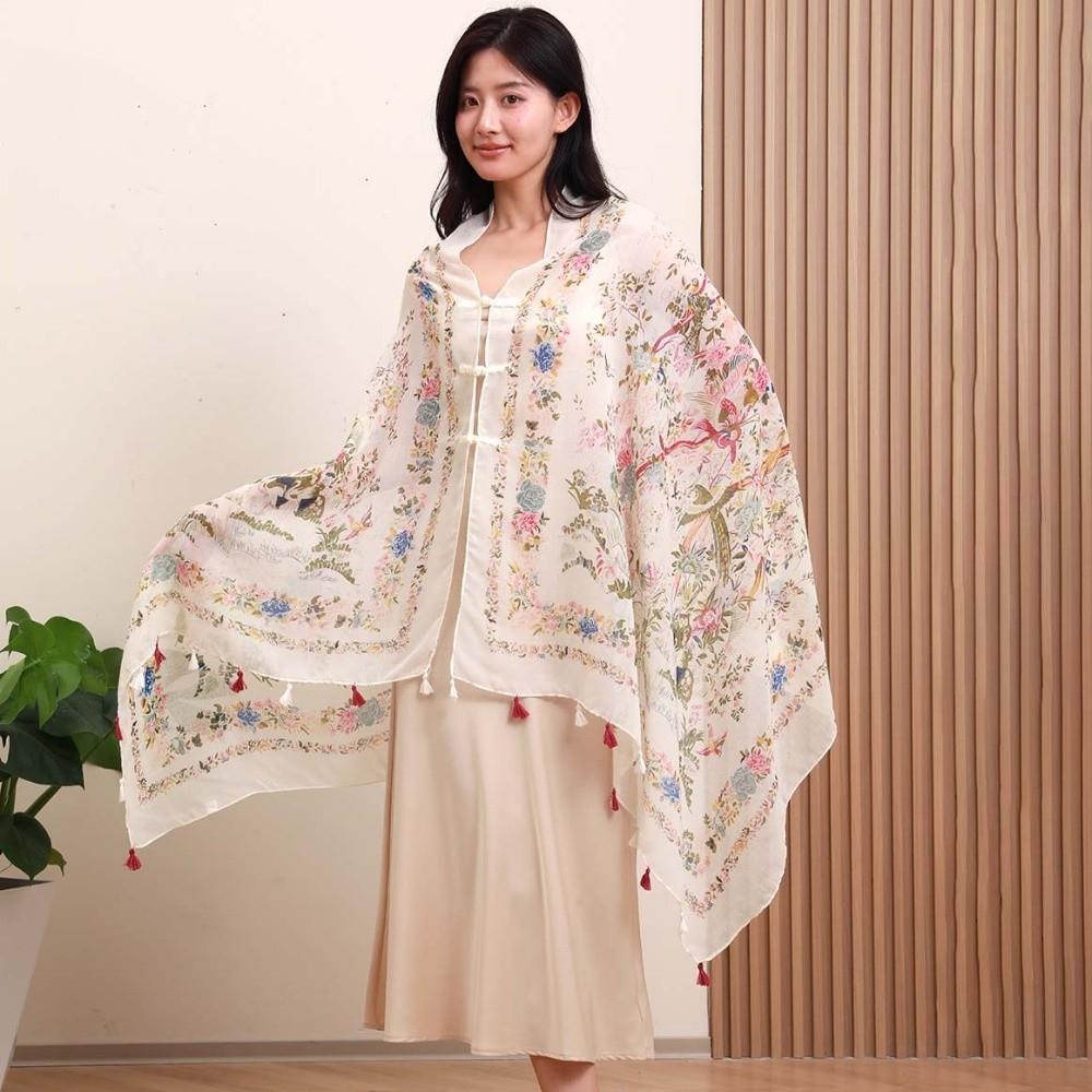 Tie-dye Women Floral Scarf Frog Button Sunscreen Headscarf Thin Large Shawl  Girls