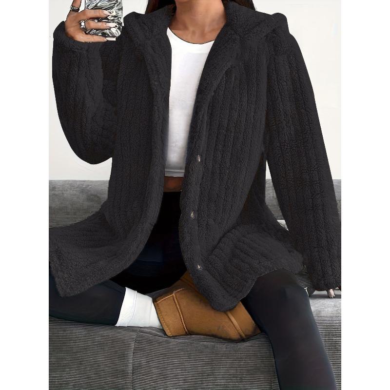 Autumn and Winter Solid Color Long Sleeved Textured Button Hooded Loose Plush Women's Coats