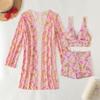 3 Piece Tropical Floral Print Bikini Set V Neck Boy Shorts Long Sleeve Sheer Cover Up Sexy Push Up Beach Vacation Bathing Suit