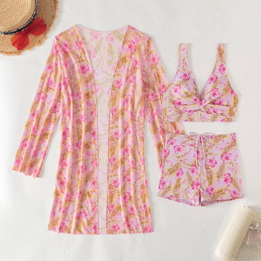 3 Piece Tropical Floral Print Bikini Set V Neck Boy Shorts Long Sleeve Sheer Cover Up Sexy Push Up Beach Vacation Bathing Suit