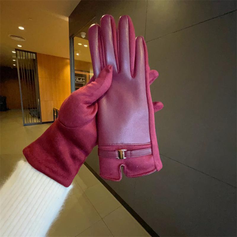 Women's Protein PU Leather Suede Touch Screen Compatible Fashion Commuting Thick Velvet Insulated Belt Buckle Riding Gloves